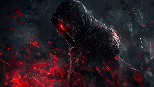 Hooded dark figure with red energy in abstract environment.