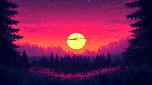 Vibrant digital sunset above forest treeline with tall grass.