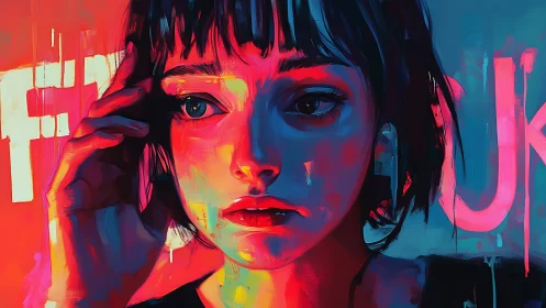 Neon-lit portrait isolates a pensive girl in dual-tone glow