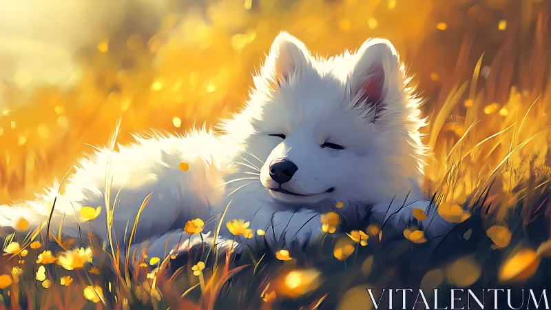 Sunlit white puppy rests in glowing bokeh meadow at golden hour