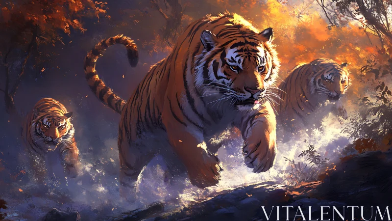 Tigers navigating through forest environment with atmospheric fire