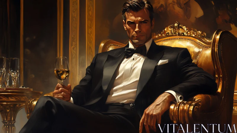 Elegant tuxedoed gentleman in opulent golden lounge.