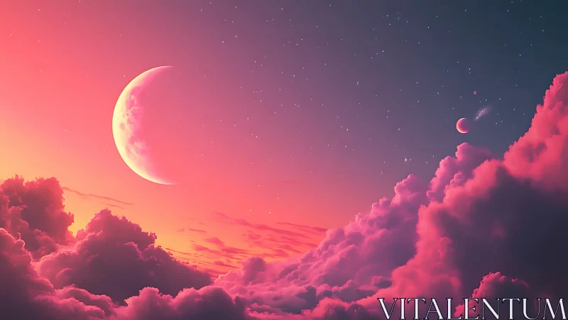 Dreamy crescent moon rising over glowing pink clouds.