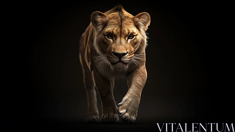 Photoreal lioness stride on black low key background, frontal