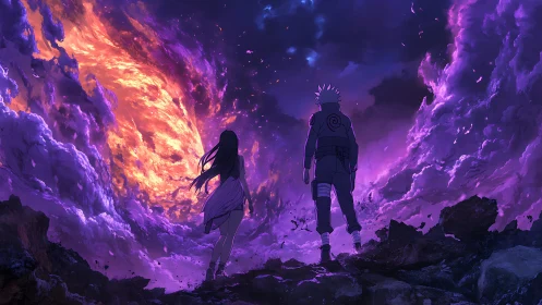 Two anime figures face a swirling violet and firestorm sky