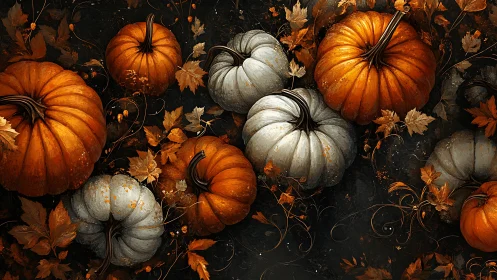Autumn pumpkins glow over dark leaves in rich contrast.