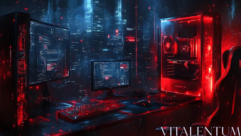 Cyberpunk coding battlestation glows in neon red haze