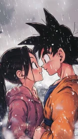 Anime romantic close-up in rainy vertical character framing.