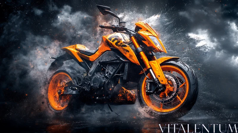 Orange sport motorcycle in dramatic wet urban storm scene.