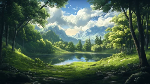 Mountain valley landscape with river, forest canopy framing distant peaks.