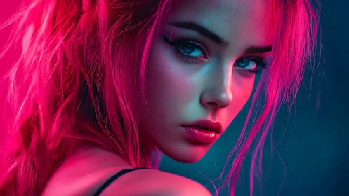 Neon-lit close-up portrait with cyan-magenta dual lighting.