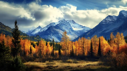 Autumn gold ignites beneath brooding snowcapped giants.