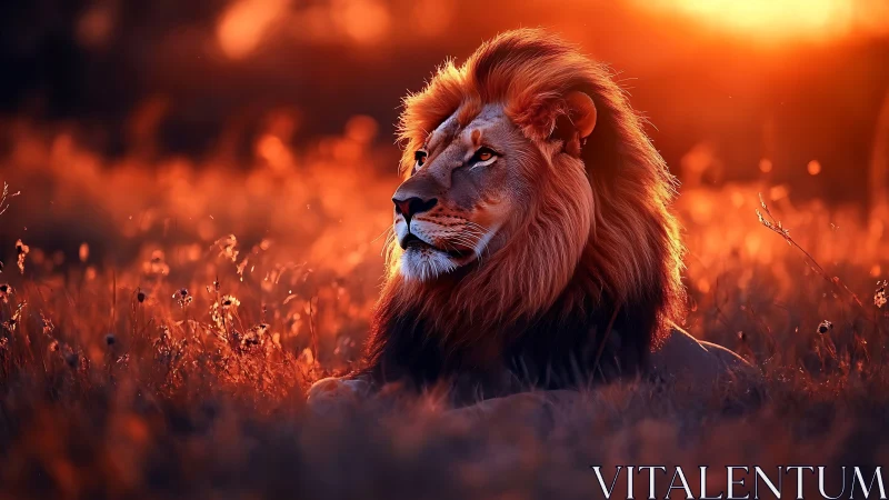 Regal lion rests in blazing sunset over golden savanna.