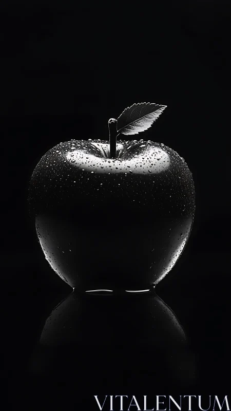Monochrome apple with water droplets is isolated in darkness