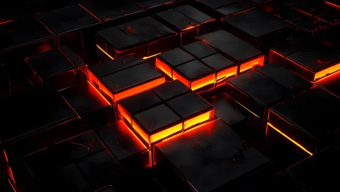 Glowing Lava Cubes in Dark Futuristic Abstract 3D Art Style.