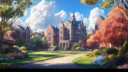 Sunlit brick campus welcomes visitors with calm garden paths