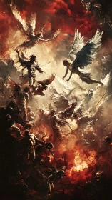 Winged humanoid figures engage in vertical aerial combat