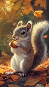 Squirrel holds nut on forest floor amid falling autumn leaves