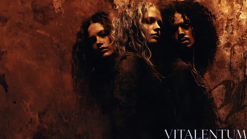 Three women in dramatic lighting against textured brown background.