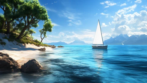 Sunlit sailboat glides along a tranquil turquoise coastline
