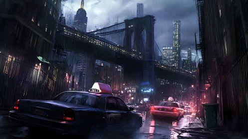 Nocturnal urban downpour with taxis beneath illuminated bridge.