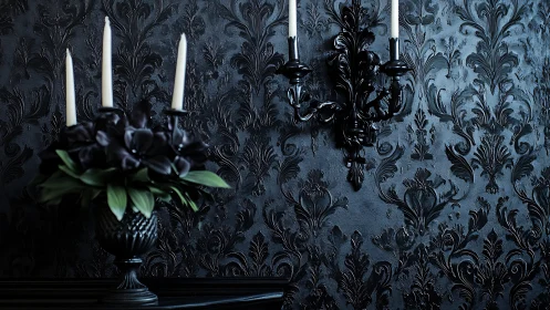 Black baroque wall with candles and dark floral centerpiece.
