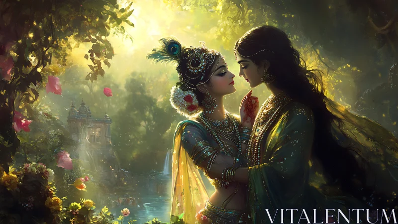 Two ornately dressed figures positioned within illuminated garden architectural setting