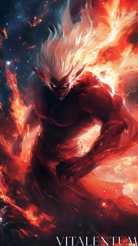 Infernal starborn titan strides through a storm of cosmic fire.