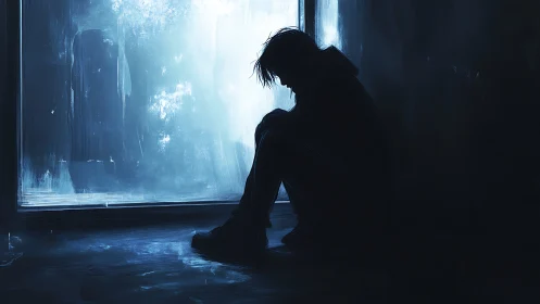 Silhouetted figure in blue backlight, melancholic tonal study.