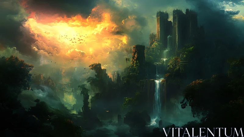 Vertical jungle megastructures align under volatile luminous sky