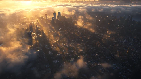 Sunrise light pours through mist over a futuristic skyline