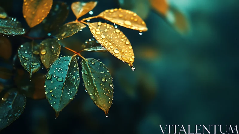 Macro bokeh study of dewy green and golden rose leaves after rain