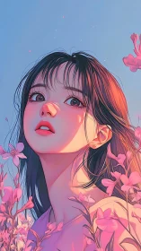 Dreamy anime girl gazes skyward among glowing pink blooms