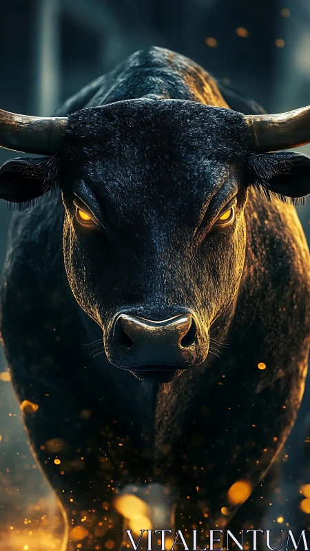 Glow Eyed Midnight Bull Charging Through Sparks.