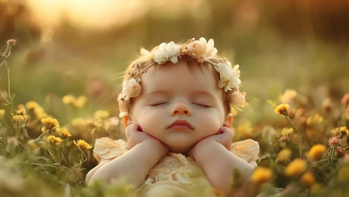 Sleeping Angel Child in Wildflower Meadow.