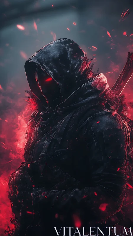 Hooded crimson wraith in embers with cinematic rim lighting.