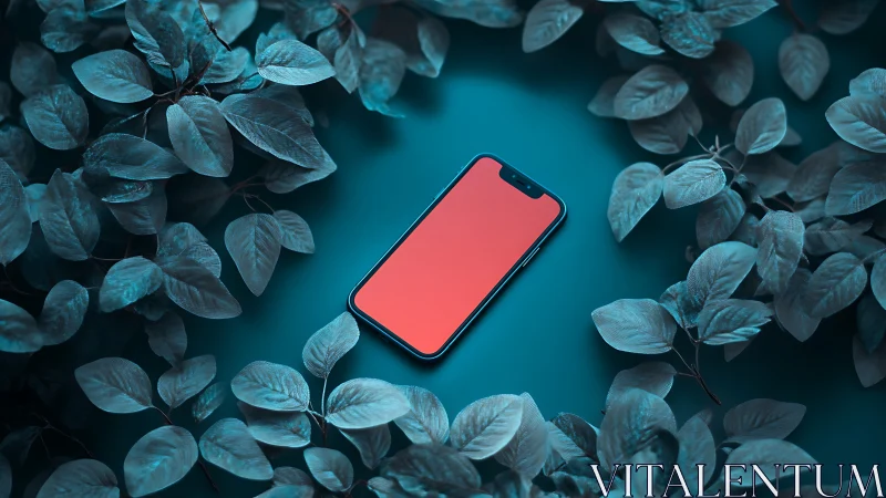 Coral smartphone glows amid teal leaves in moody light.