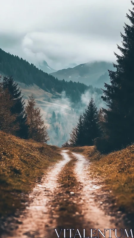 Muddy forest path leading toward distant misty hills.