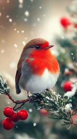 Robin on snow-dusted evergreen branch with red berries.