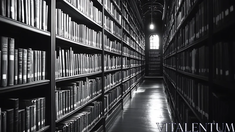 Monochrome library stacks in deep linear perspective study.
