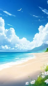 Digital seascape depicts shoreline, clouds and distant hills