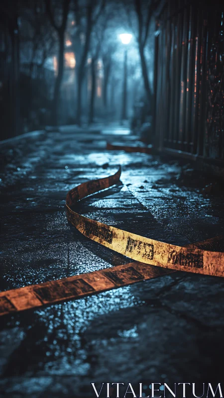 Nighttime wet alley with discarded yellow caution tape.