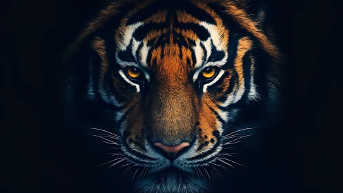 Tiger eyes glow in dramatic shadowed portrait artwork.