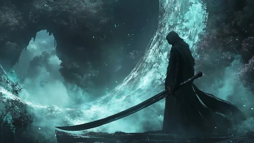 Hooded sword figure stands before luminous curved energy wave