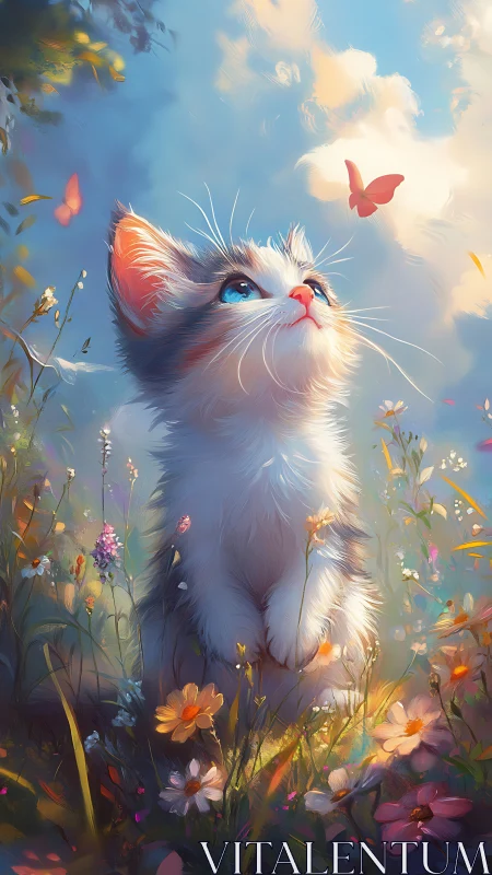 Curious kitten gazes at a drifting butterfly in dreamy light