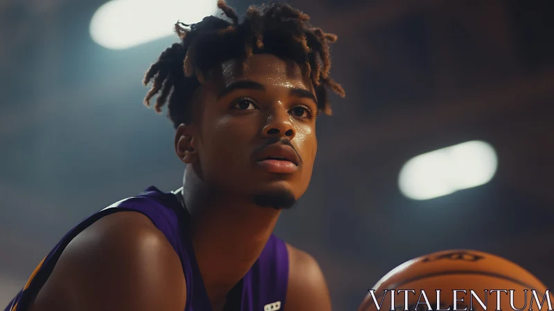 Young basketball player focuses intensely under arena lights.