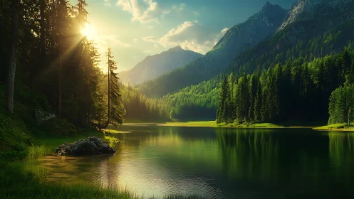 Sunlit conifer forest surrounds a calm alpine lake basin