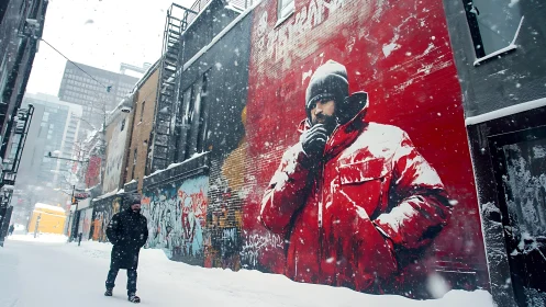 Red parka giant broods over snow-drowned graffiti alleyway