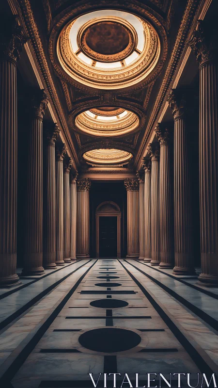 Gilded colonnade corridor under celestial oculus crowns.