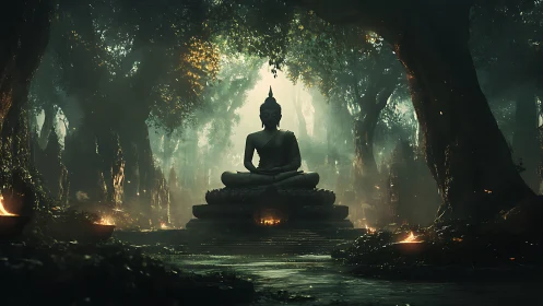 Serene Buddha statue glows softly in a misty forest shrine